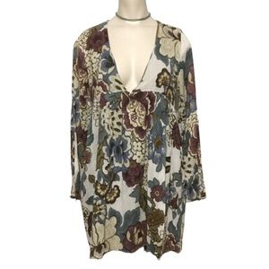 ZARA sz Small Dress Floral Long Sleeve Babydoll Deep V Neck Jewel Earth Tones